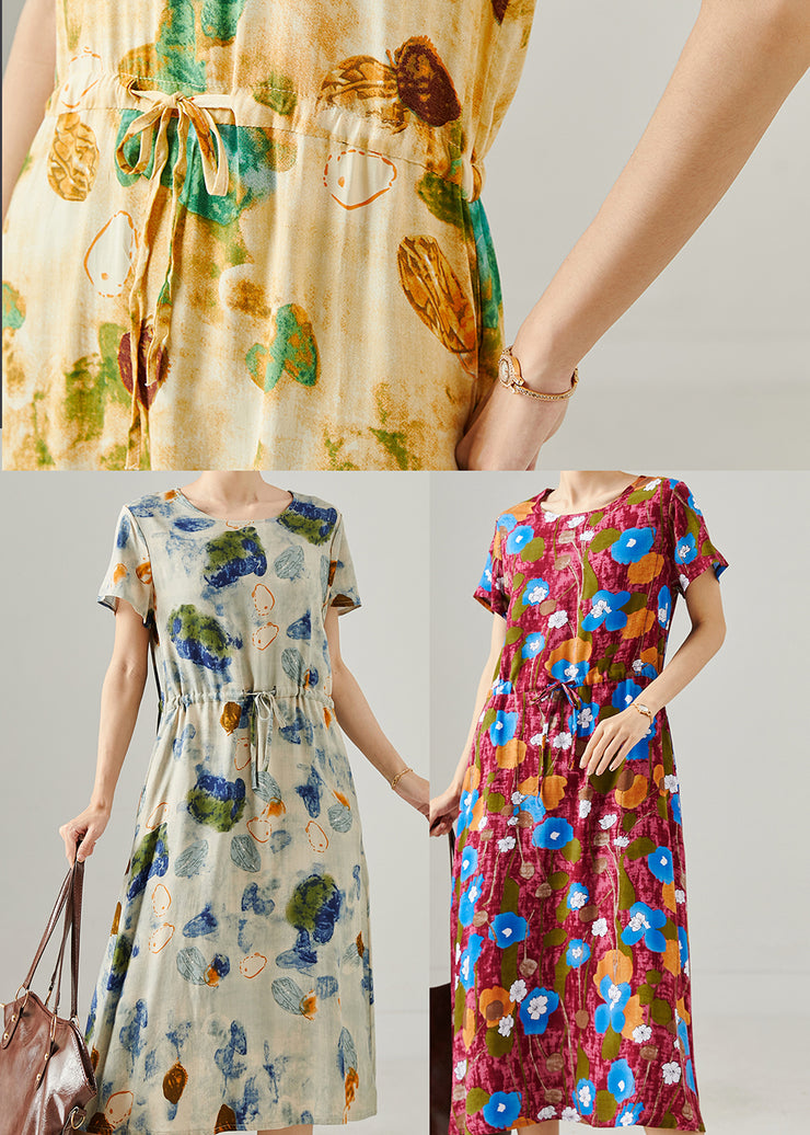 Classy Yellow Cinched Print Cotton Long Dress Summer