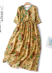 Classy Yellow Cinched Print Linen Vacation Dresses Summer