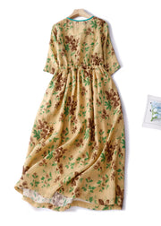 Classy Yellow Cinched Print Linen Vacation Dresses Summer