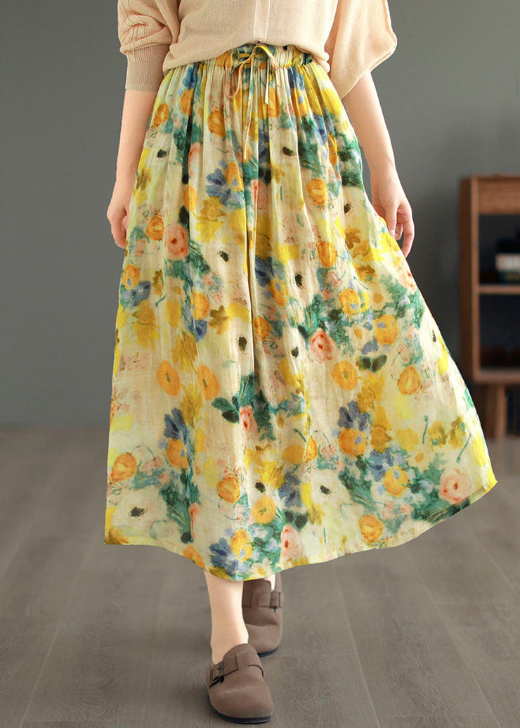 Classy Yellow Drawstring Wrinkled Print Patchwork Linen Skirts Summer