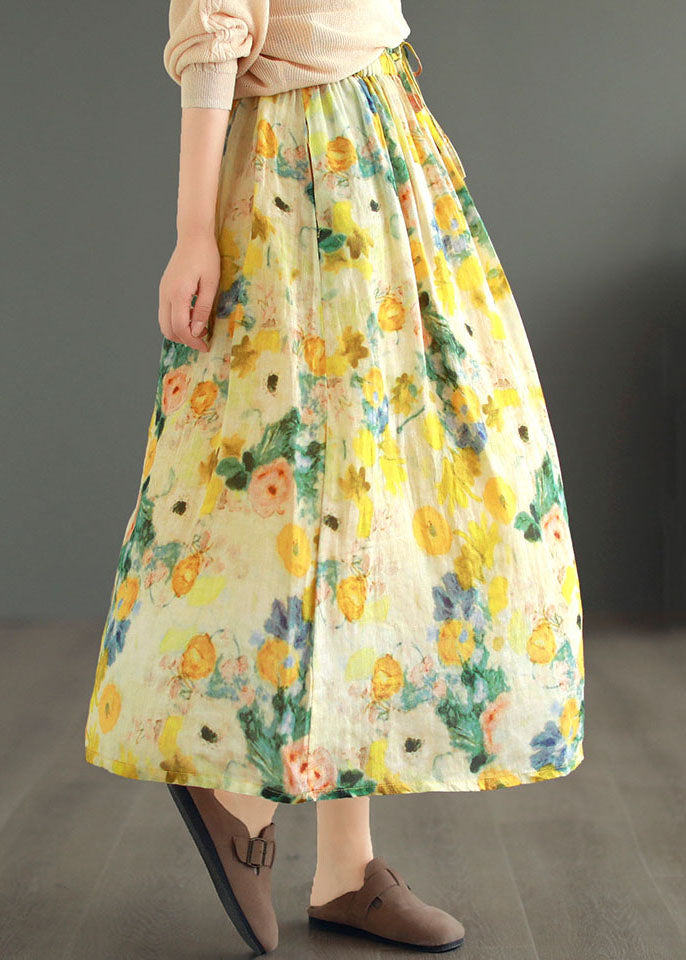 Classy Yellow Drawstring Wrinkled Print Patchwork Linen Skirts Summer