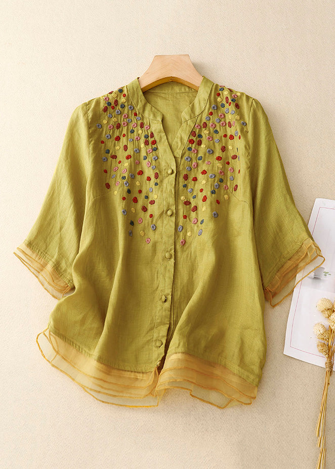 Classy Yellow Embroideried Button Cotton Blouses Spring