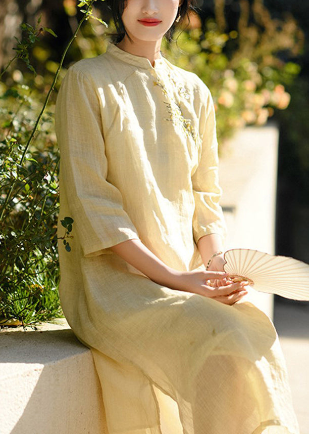 Classy Yellow Embroidered Button Linen Dresses Bracelet Sleeve