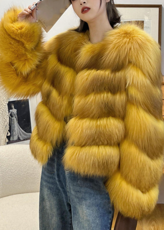 Classy Yellow Fox Collar Leather And Fur Coats Spring