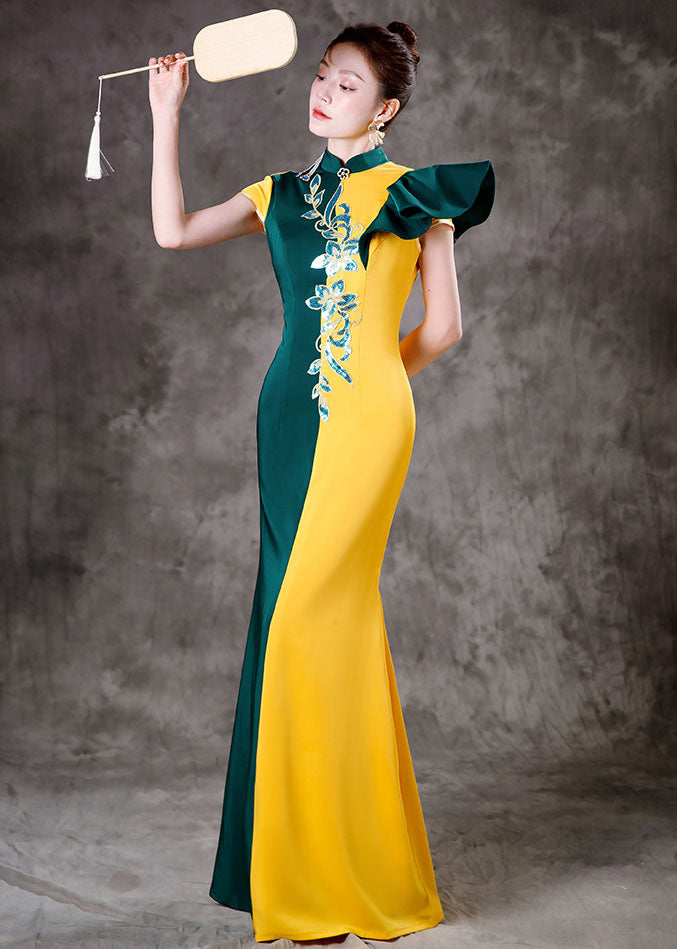 Classy Yellow Green Colorblock Asymmetrical Ruffled Silk Party Long Dress Short Sleeve