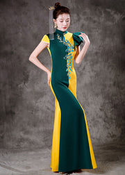 Classy Yellow Green Colorblock Asymmetrical Ruffled Silk Party Long Dress Short Sleeve