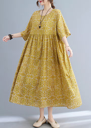 Classy Yellow Patchwork Wrinkled Maxi Dress Half Sleeve