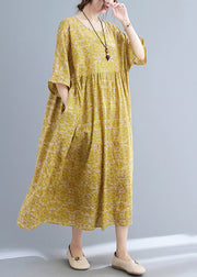 Classy Yellow Patchwork Wrinkled Maxi Dress Half Sleeve