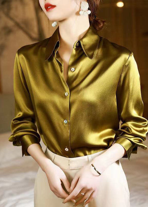 Classy Yellow Peter Pan Collar Button Patchwork Silk Shirt Spring