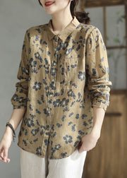 Classy Yellow Peter Pan Collar Print Linen Shirt Top Spring