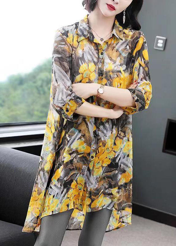 Classy Yellow Peter Pan Collar Print Patchwork Chiffon Shirts Top Summer