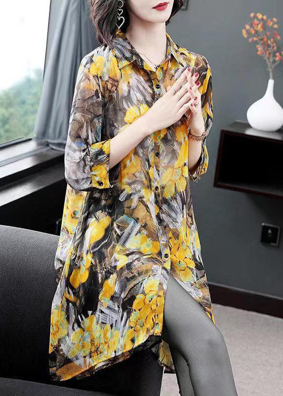 Classy Yellow Peter Pan Collar Print Patchwork Chiffon Shirts Top Summer