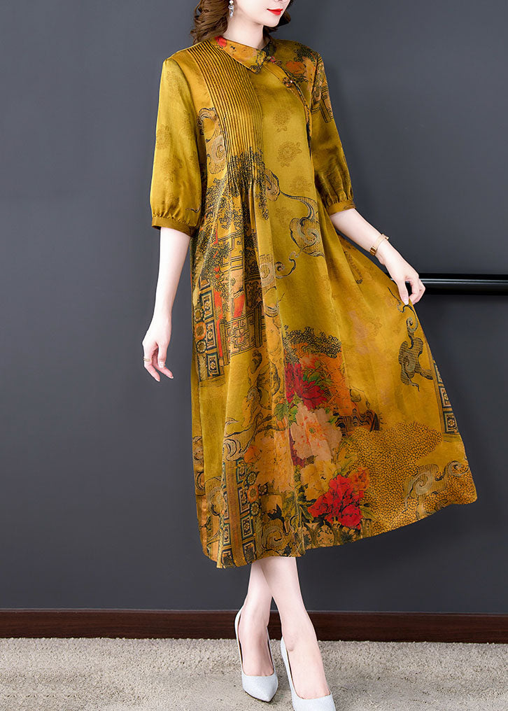 Classy Yellow Peter Pan Collar Print Wrinkled Patchwork Silk Dresses Summer