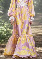 Classy Yellow Print Patchwork Silk Maxi Dresses Flare Sleeve