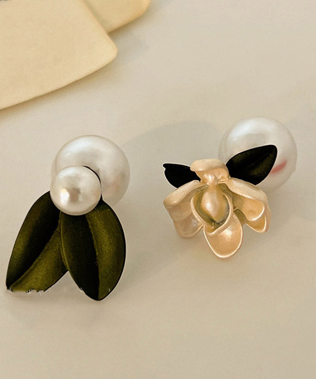 Classy Yellow Sterling Silver Asymmetricar Pearl Gardenia Stud Earrings