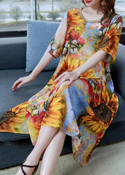 Classy Yellow The Sunflowers Print Patchwork Chiffon Dress Summer