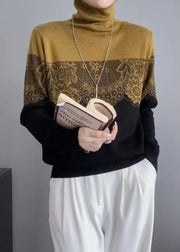 Classy Yellow Turtleneck Patchwork Wool Knit Sweaters Fall