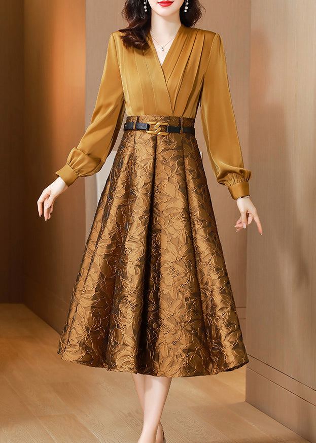 Classy Yellow V Neck Jacquard Tie Waist Patchwork Silk Dress Fall