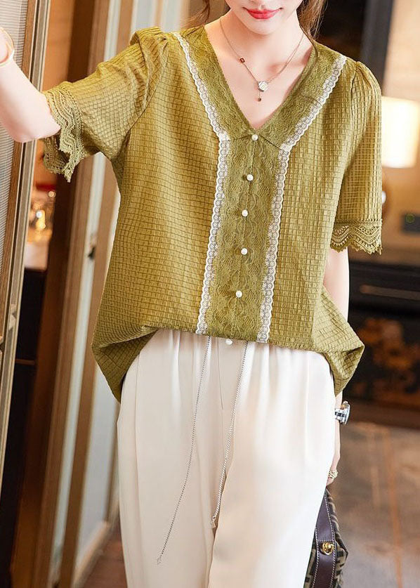 Classy Yellow V Neck Lace Nail Bead Patchwork Cotton Shirt Summer