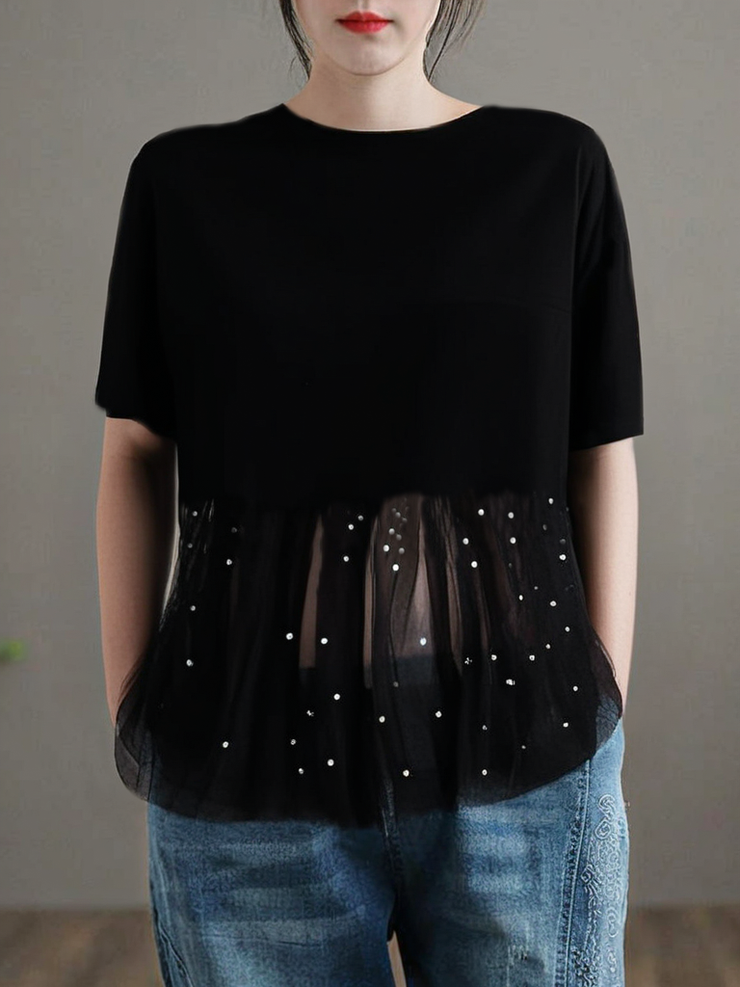 Grace Black O-Neck Nail Bead Patchwork Summer Tulle Tee Short Sleeve