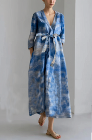 Grace Blue Tie Dye Side Open Tie Waist Linen Long Dresses Summer