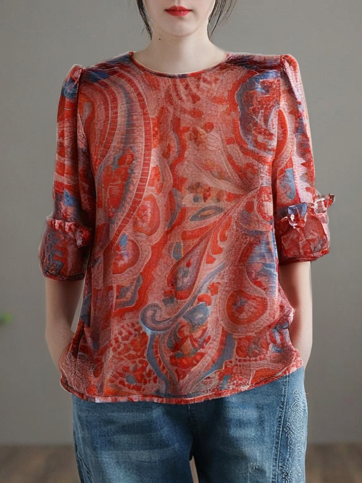 Grace Red O-Neck Ruffled Print Chiffon Shirt Top Short Sleeve