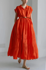 Classy Orange Peter Pan Collar Button Hollow Out Cotton Shirt Dresses Grace