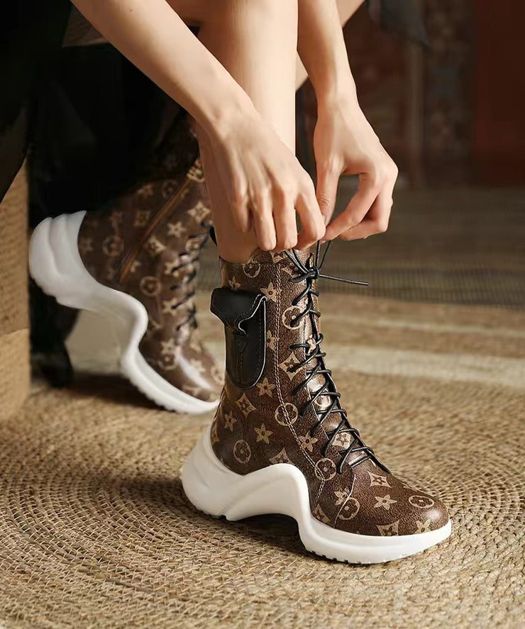 Coffee Boots Platform Cowhide Leather Stylish Splicing Cross Strap