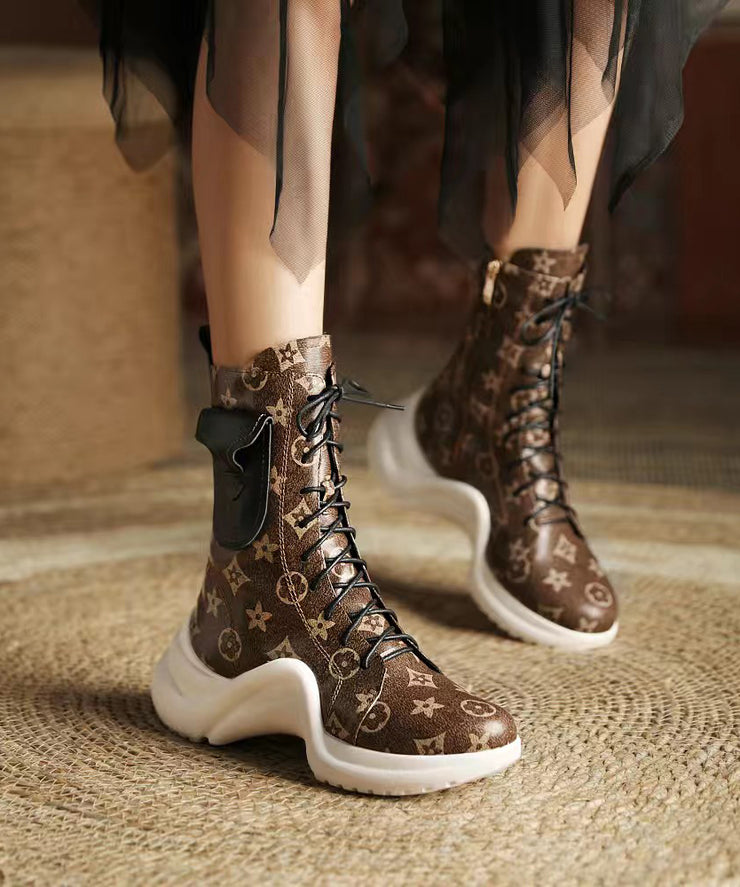 Coffee Boots Platform Cowhide Leather Stylish Splicing Cross Strap