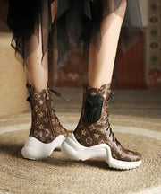 Coffee Boots Platform Cowhide Leather Stylish Splicing Cross Strap