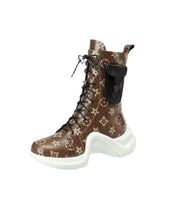 Coffee Boots Platform Cowhide Leather Stylish Splicing Cross Strap