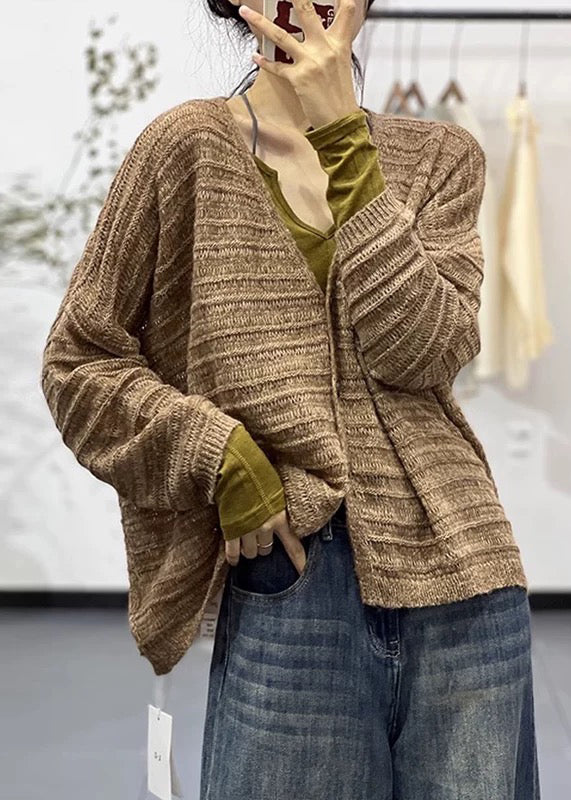 Coffee Button Cotton Knit Coats V Neck Long Sleeve