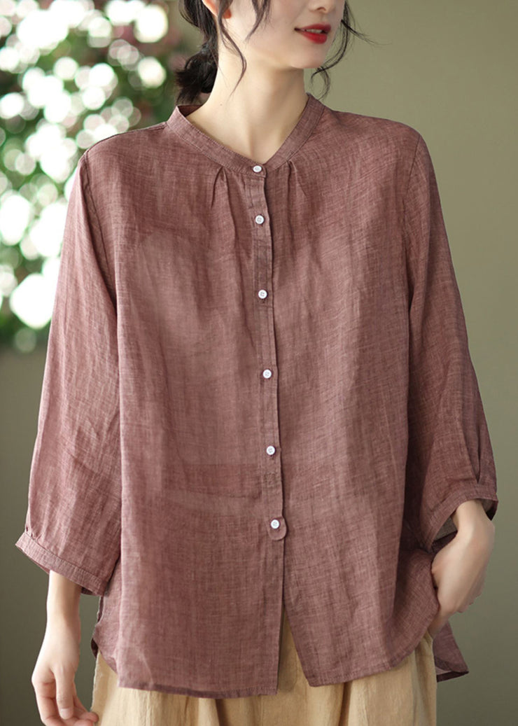 Coffee Button Cozy Ramie Shirt Long Sleeve