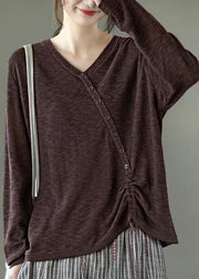 Coffee Button Lace Up Patchwork Knitting Top V Neck Long Sleeve