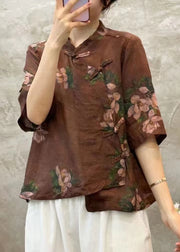 Coffee Button Linen Blouses Stand Collar Half Sleeve