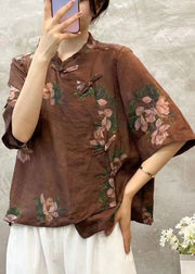 Coffee Button Linen Blouses Stand Collar Half Sleeve