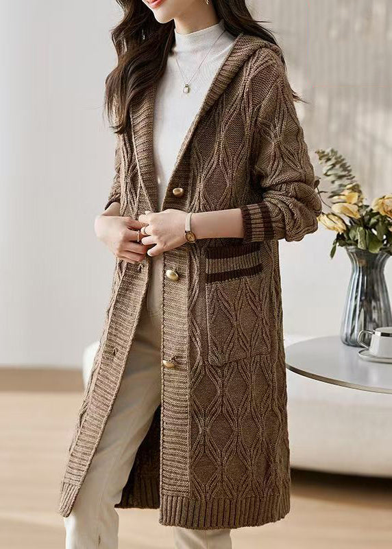 Coffee Button Patchwork Knit Fall Cardigans Hooded