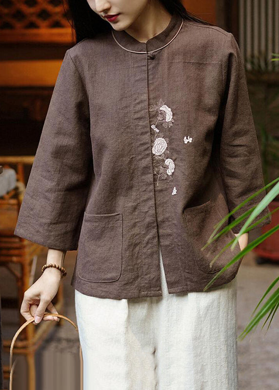 Coffee Button Pockets Linen Blouse Stand Collar Spring