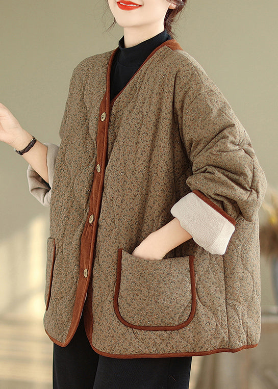 Coffee Button Pockets Warm Fleece Winter Coats V Neck