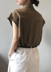 Coffee Button Solid Loose Shirts Short Sleeve