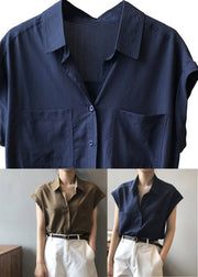 Coffee Button Solid Loose Shirts Short Sleeve