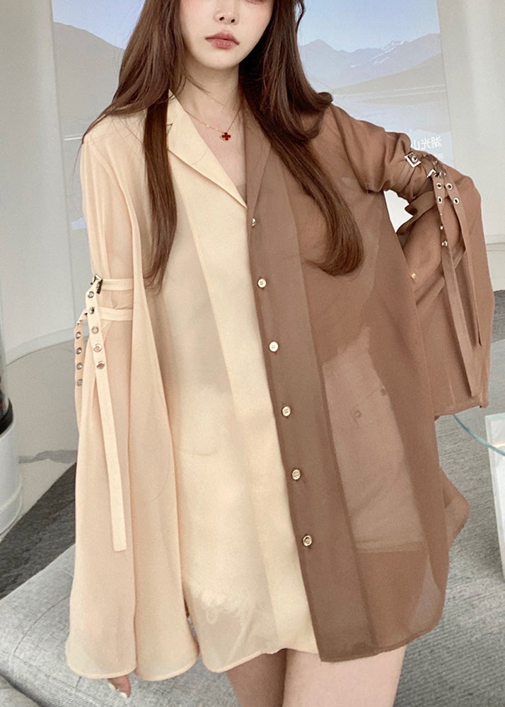 Coffee Button Thin Chiffon Shirt Long Sleeve