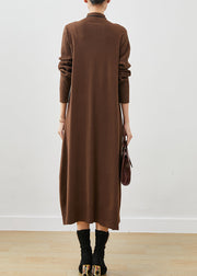 Coffee Cable Knit Long Dress Stand Collar Oversized Spring