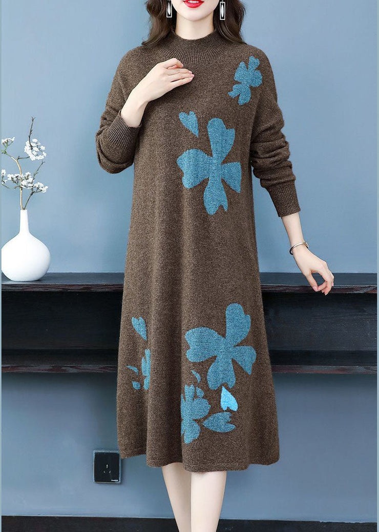 Coffee Cashmere Long Sweater Dress Stand Collar Embroideried Long Sleeve