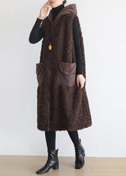 Chocolate Colour Pockets Thick Woolen Hoodies Waistcoat Sleeveless