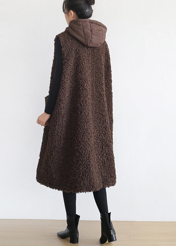 Chocolate Colour Pockets Thick Woolen Hoodies Waistcoat Sleeveless