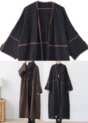 Chocolate Colour V Neck Patchwork Woolen Trench Coats Long Sleeve