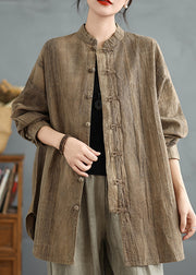 Coffee Cotton Shirts Stand Collar Oriental Button Spring