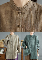 Coffee Cotton Shirts Stand Collar Oriental Button Spring