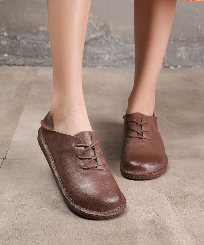 Chocolate Cowhide Leather Flats Lace Up Flats